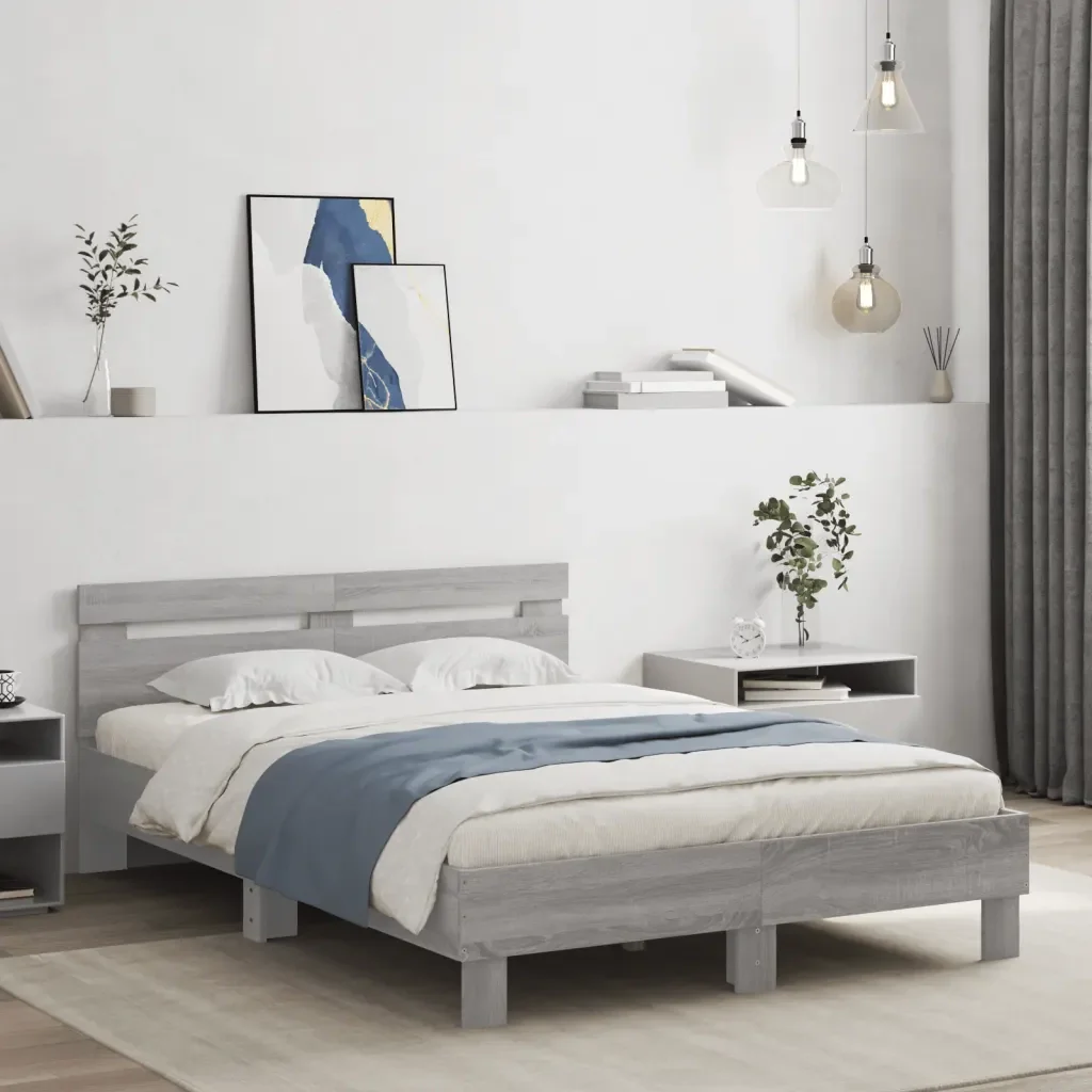 Letto matrimoniale | Letto per adulti | Giroletto con Testiera e LED Grigio Sonoma 120x200 cm - Image 2