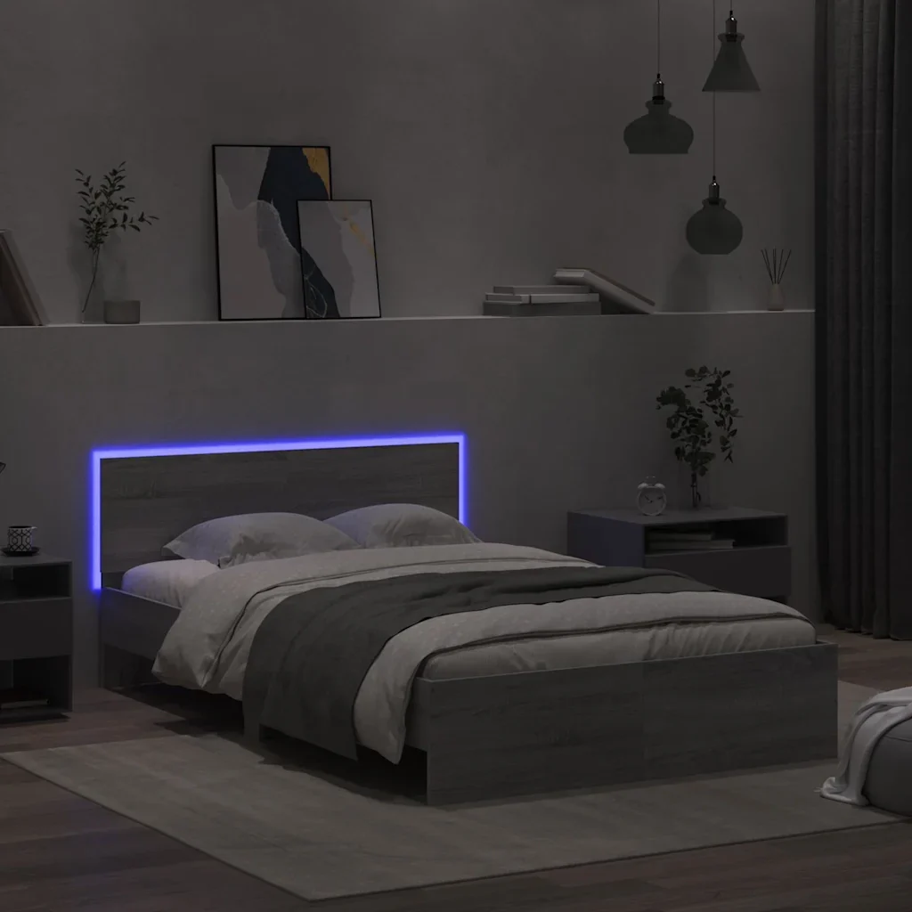 Letto matrimoniale | Letto per adulti | Giroletto con Testiera e LED Grigio Sonoma 140x200 cm - Image 3