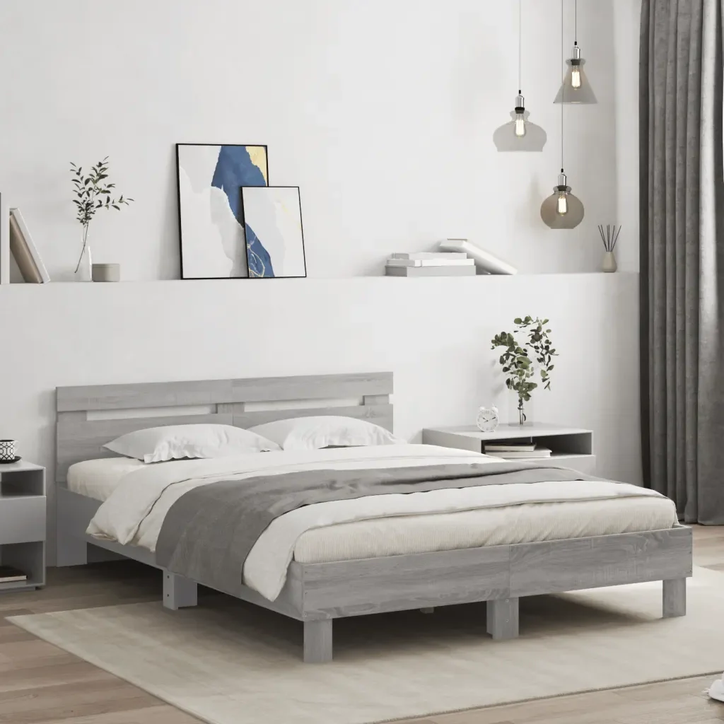 Letto matrimoniale | Letto per adulti | Giroletto con Testiera e LED Grigio Sonoma 140x200 cm - Image 2
