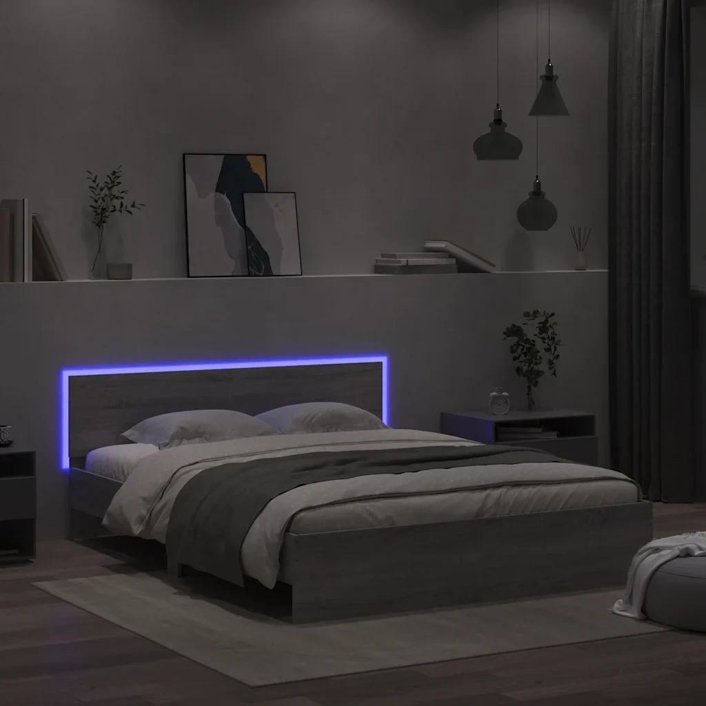 Letto matrimoniale | Letto per adulti | Giroletto con Testiera e LED Grigio Sonoma 150x200 cm - Image 4