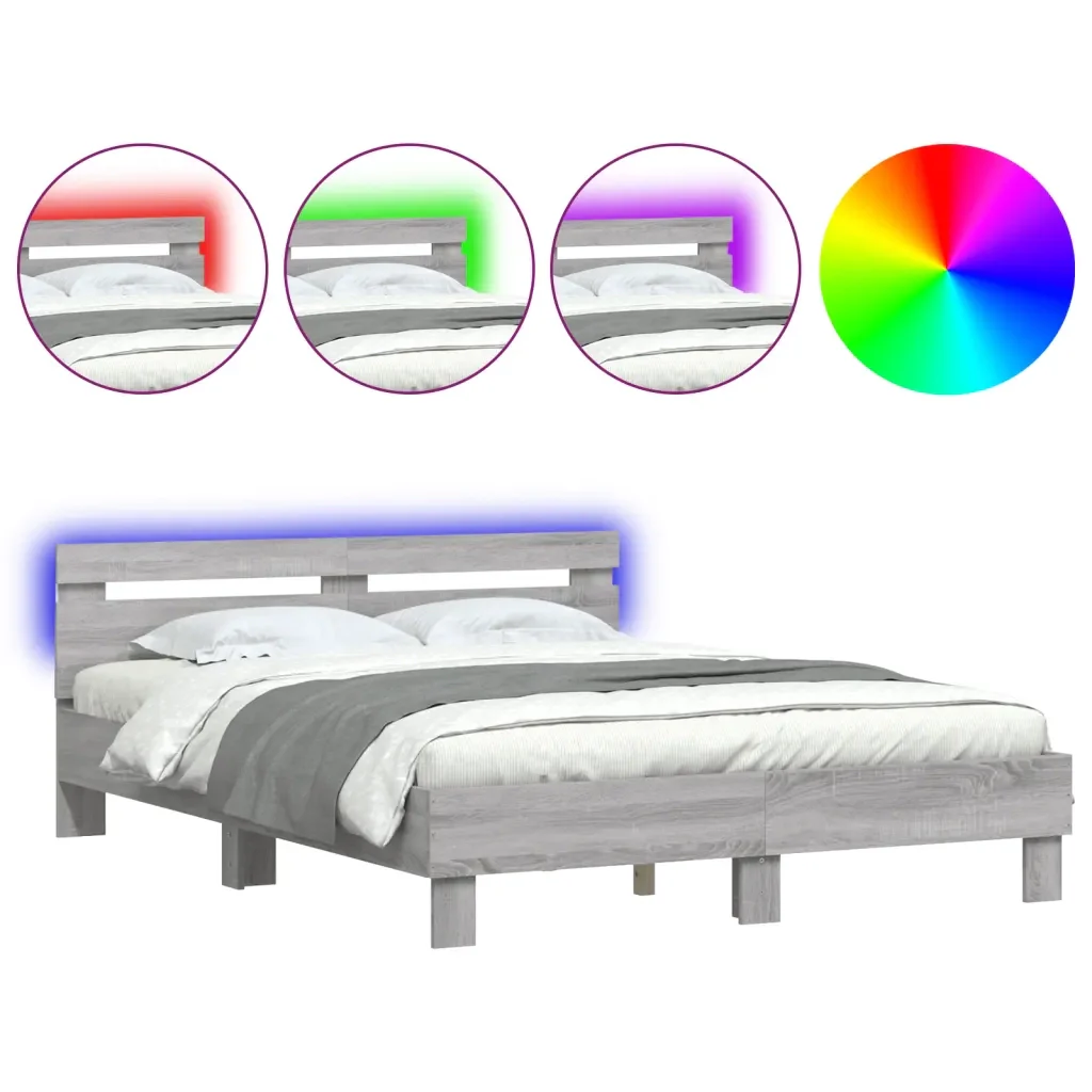 Letto matrimoniale | Letto per adulti | Giroletto con Testiera e LED Grigio Sonoma 150x200 cm