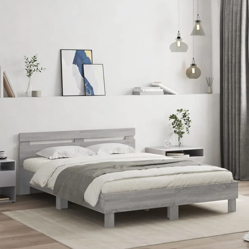 Letto matrimoniale | Letto per adulti | Giroletto con Testiera e LED Grigio Sonoma 150x200 cm - Image 2