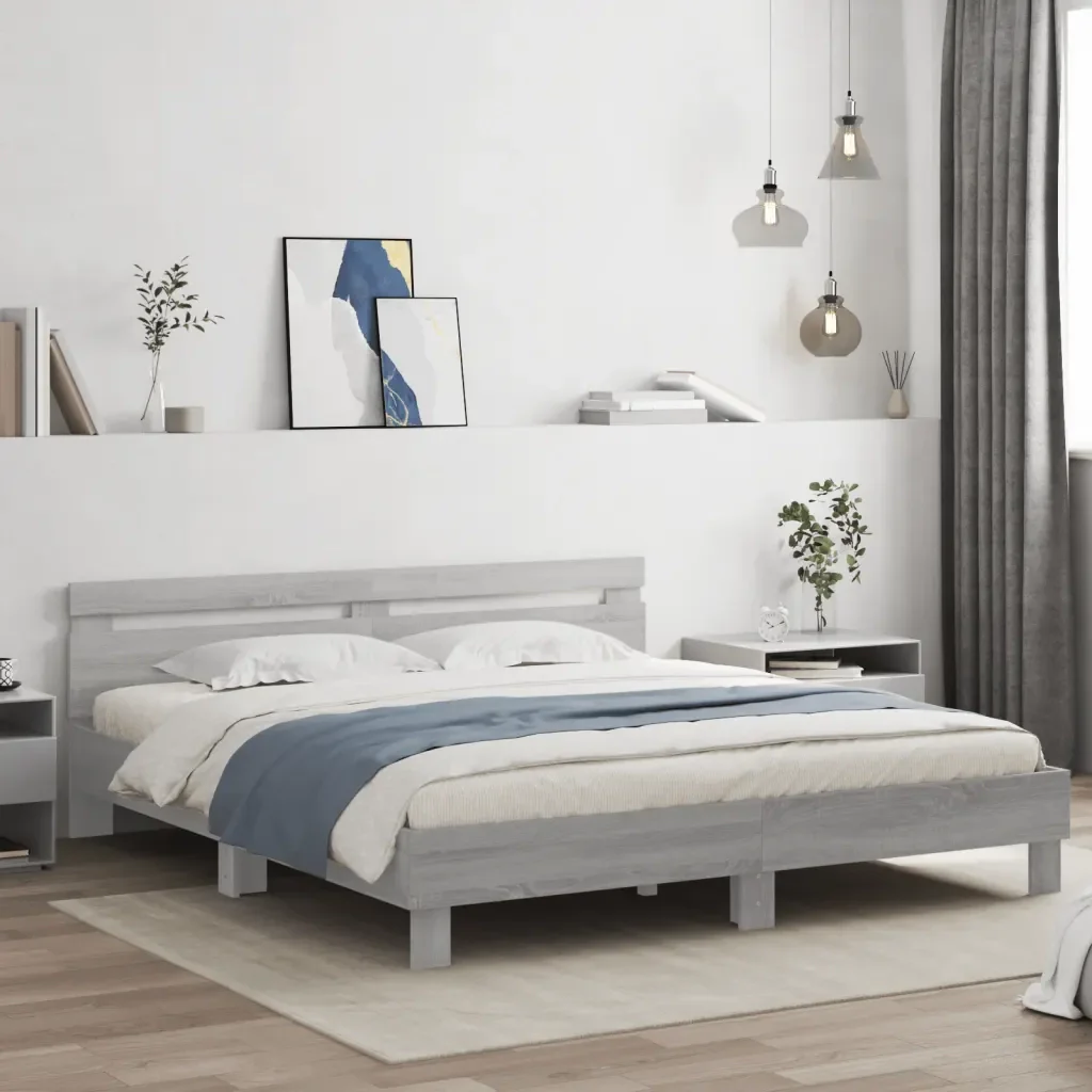 Letto matrimoniale | Letto per adulti | Giroletto con Testiera e LED Grigio Sonoma 160x200 cm - Image 2