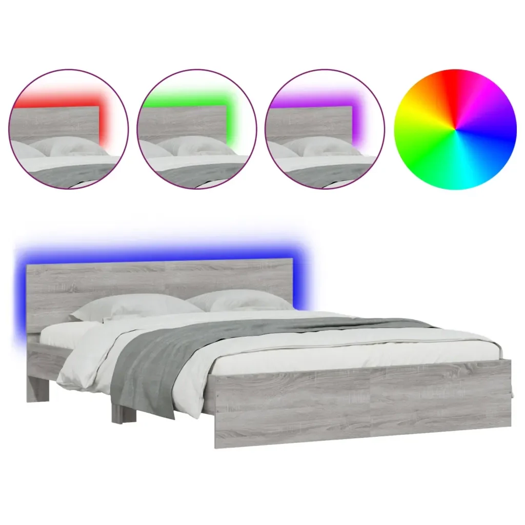 Letto matrimoniale | Letto per adulti | Giroletto con Testiera e LED Grigio Sonoma 160x200 cm