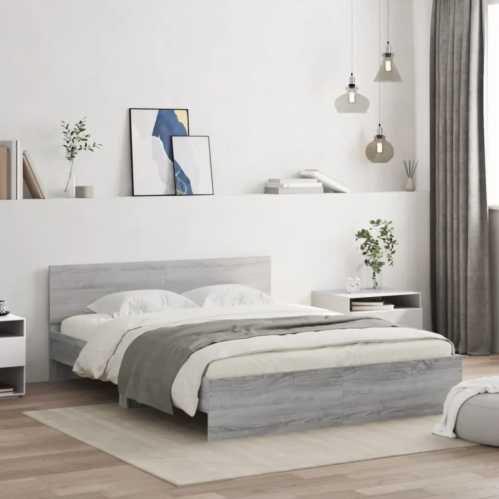 Letto matrimoniale | Letto per adulti | Giroletto con Testiera e LED Grigio Sonoma 160x200 cm - Image 2