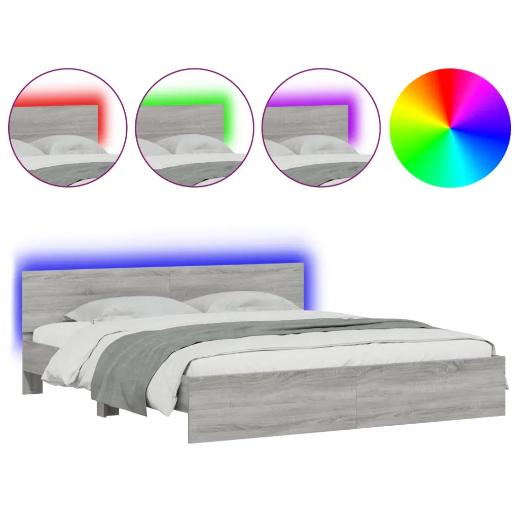 Letto matrimoniale | Letto per adulti | Giroletto con Testiera e LED Grigio Sonoma 180x200 cm