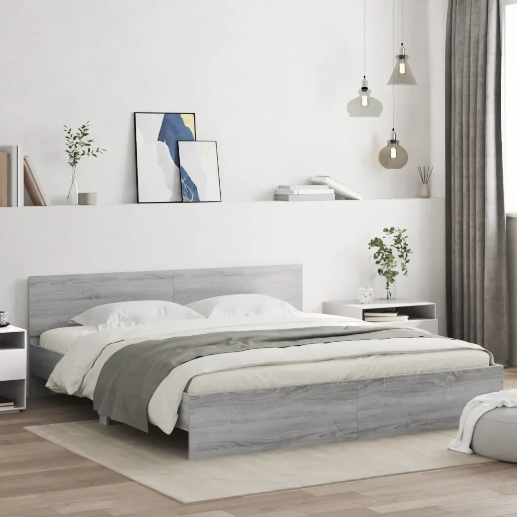 Letto matrimoniale | Letto per adulti | Giroletto con Testiera e LED Grigio Sonoma 180x200 cm - Image 2