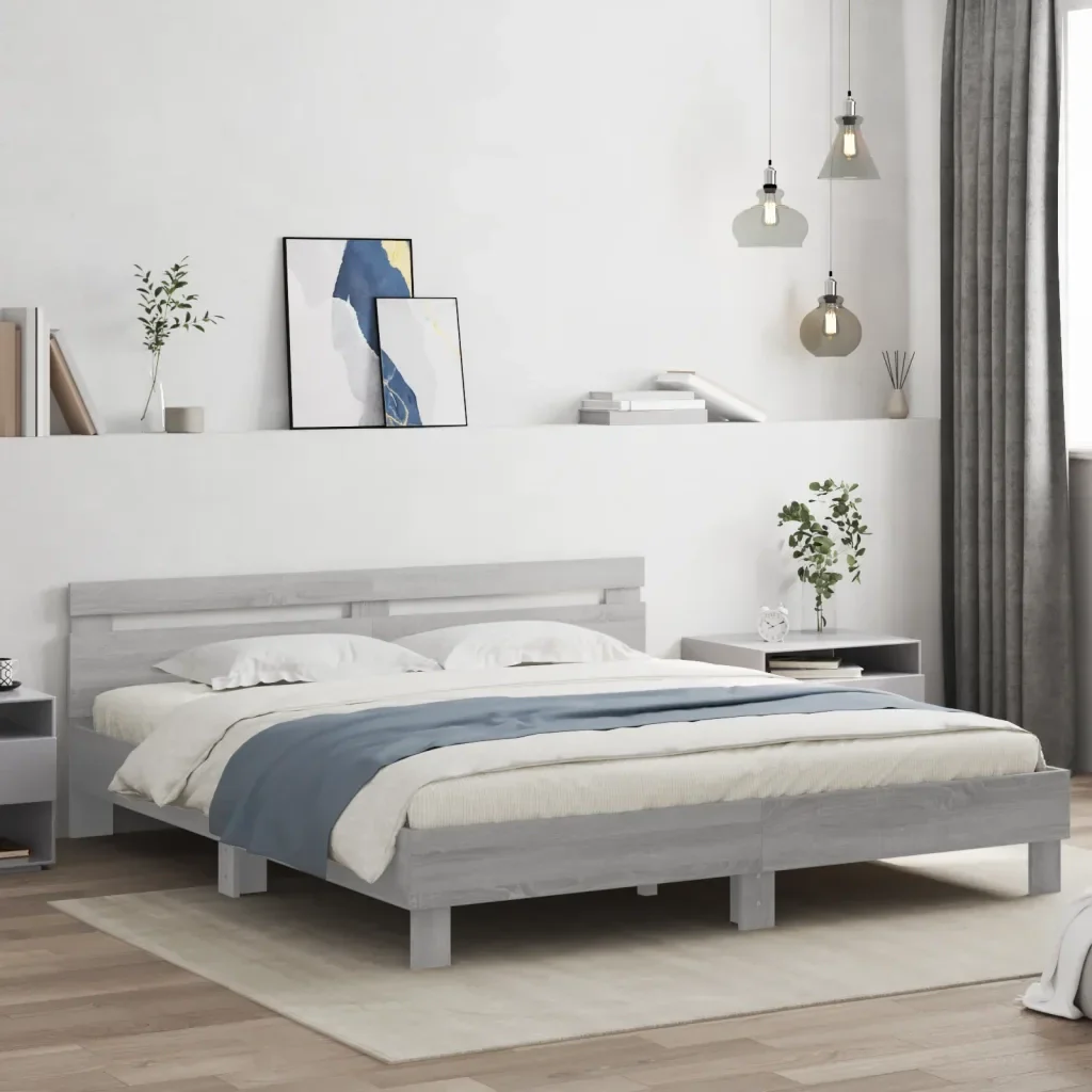 Letto matrimoniale | Letto per adulti | Giroletto con Testiera e LED Grigio Sonoma 180x200 cm - Image 2