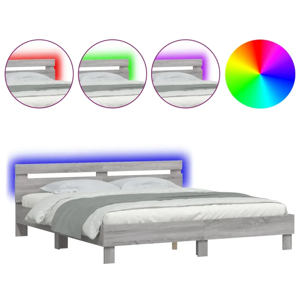 Letto matrimoniale | Letto per adulti | Giroletto con Testiera e LED Grigio Sonoma 200x200 cm