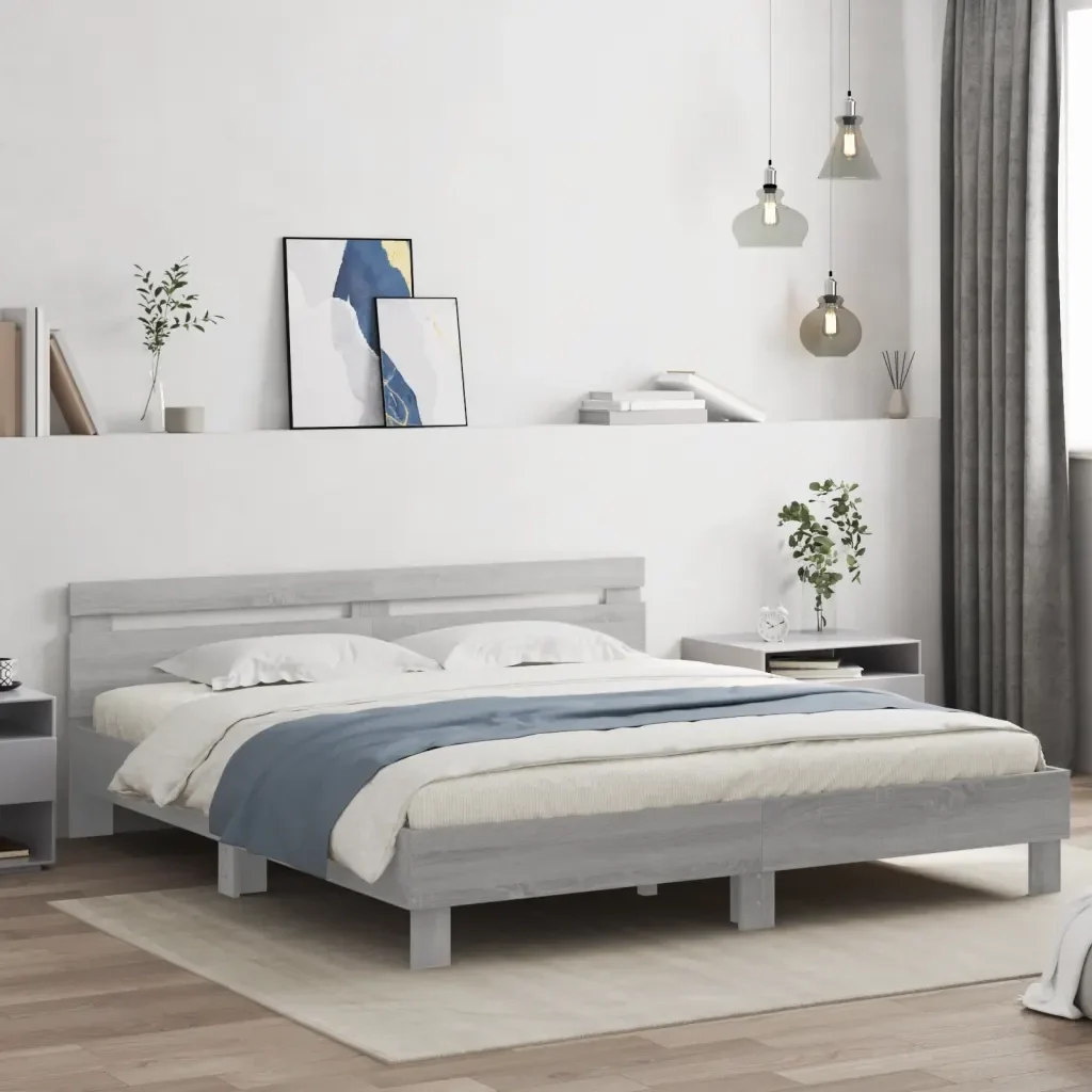 Letto matrimoniale | Letto per adulti | Giroletto con Testiera e LED Grigio Sonoma 200x200 cm - Image 2