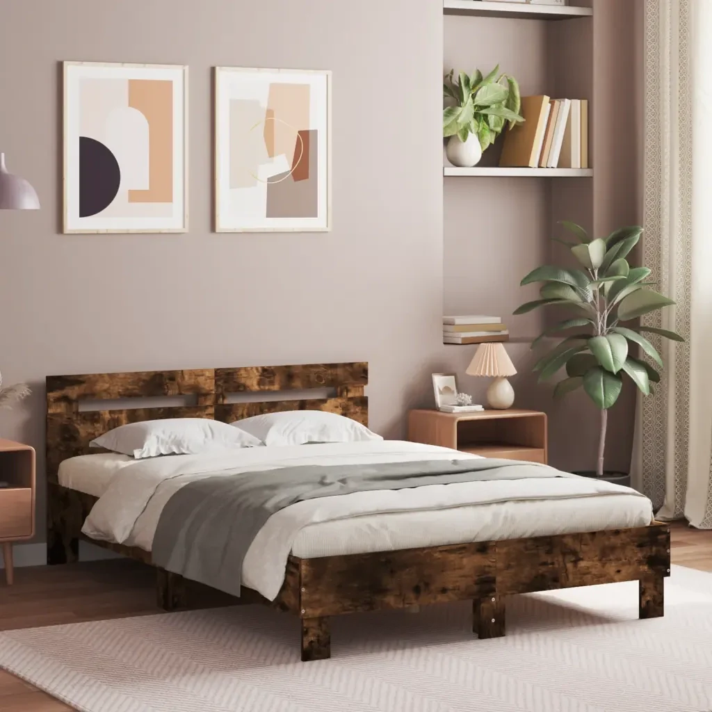 Letto matrimoniale | Letto per adulti | Giroletto con Testiera e LED Rovere Fumo 120x190 cm - Image 2