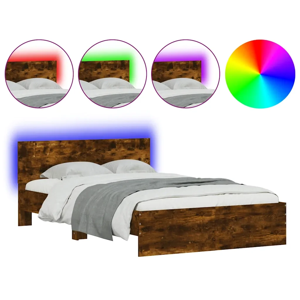 Letto matrimoniale | Letto per adulti | Giroletto con Testiera e LED Rovere Fumo 120x200 cm