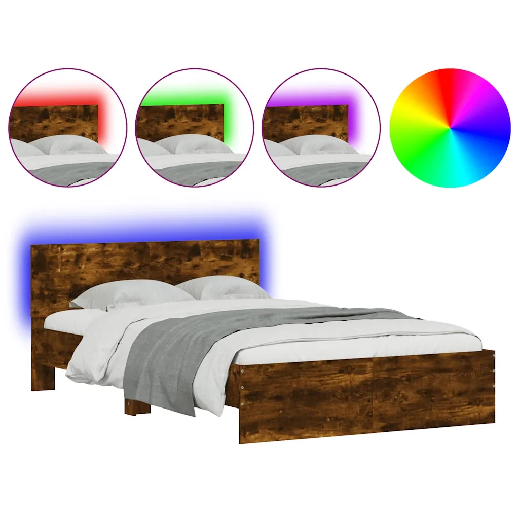 Letto matrimoniale | Letto per adulti | Giroletto con Testiera e LED Rovere Fumo 140x190 cm