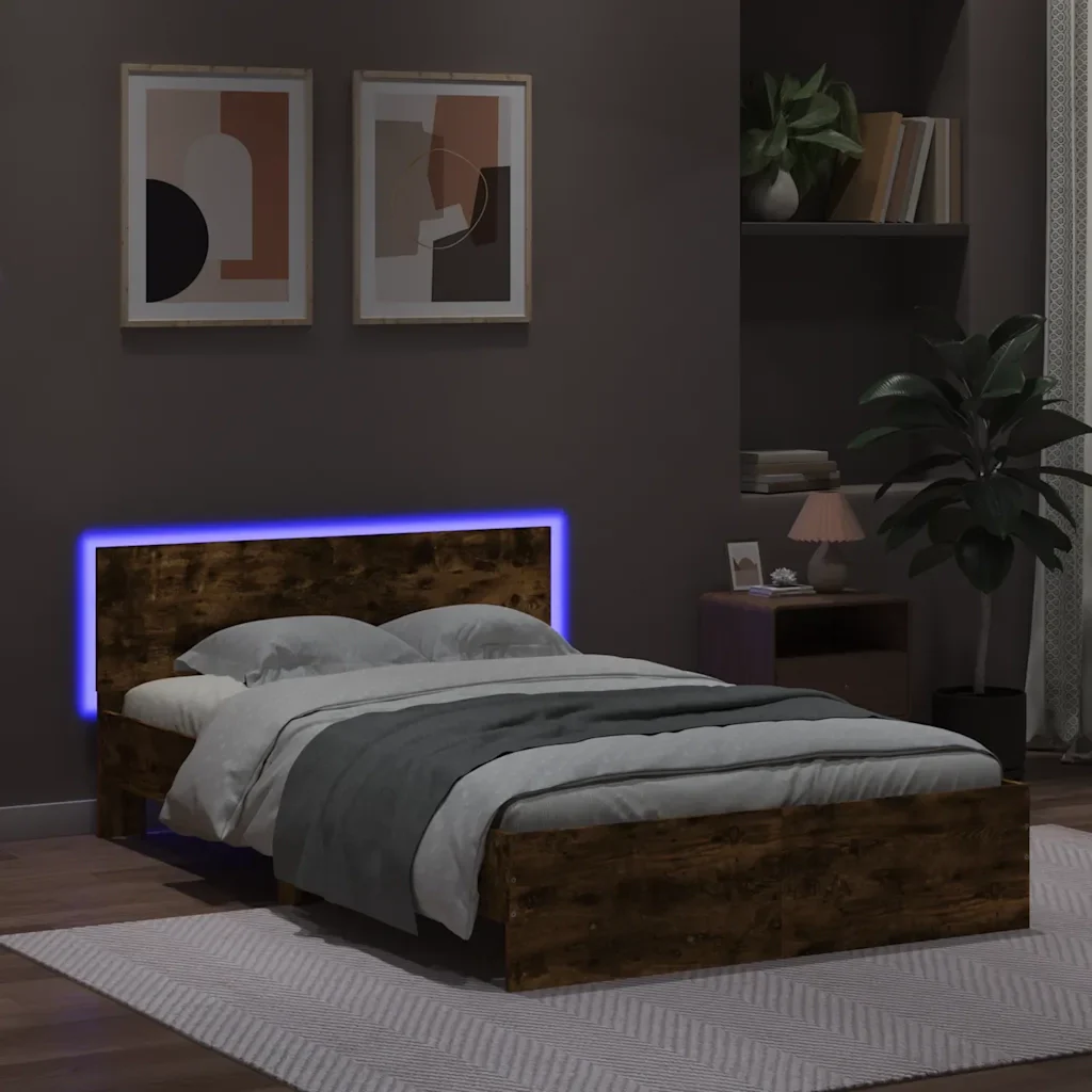 Letto matrimoniale | Letto per adulti | Giroletto con Testiera e LED Rovere Fumo 140x190 cm - Image 3