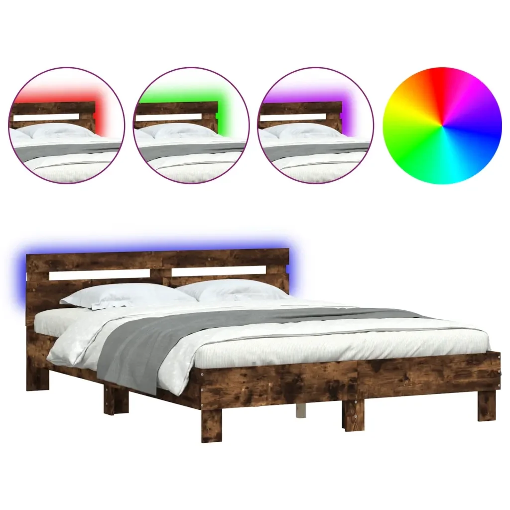 Letto matrimoniale | Letto per adulti | Giroletto con Testiera e LED Rovere Fumo 140x190 cm