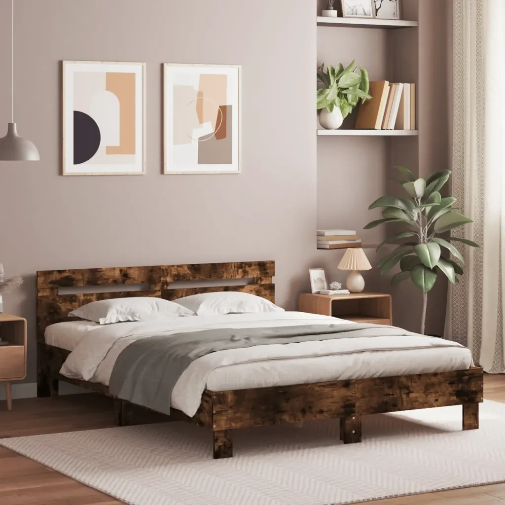 Letto matrimoniale | Letto per adulti | Giroletto con Testiera e LED Rovere Fumo 140x190 cm - Image 2