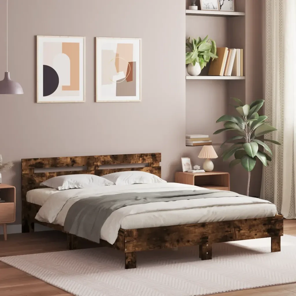 Letto matrimoniale | Letto per adulti | Giroletto con Testiera e LED Rovere Fumo 140x200 cm - Image 2