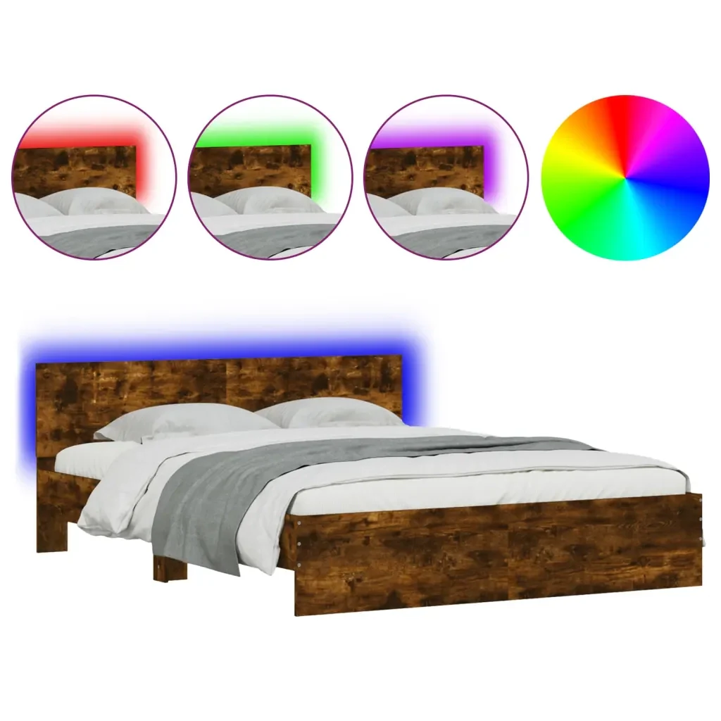 Letto matrimoniale | Letto per adulti | Giroletto con Testiera e LED Rovere Fumo 160x200 cm