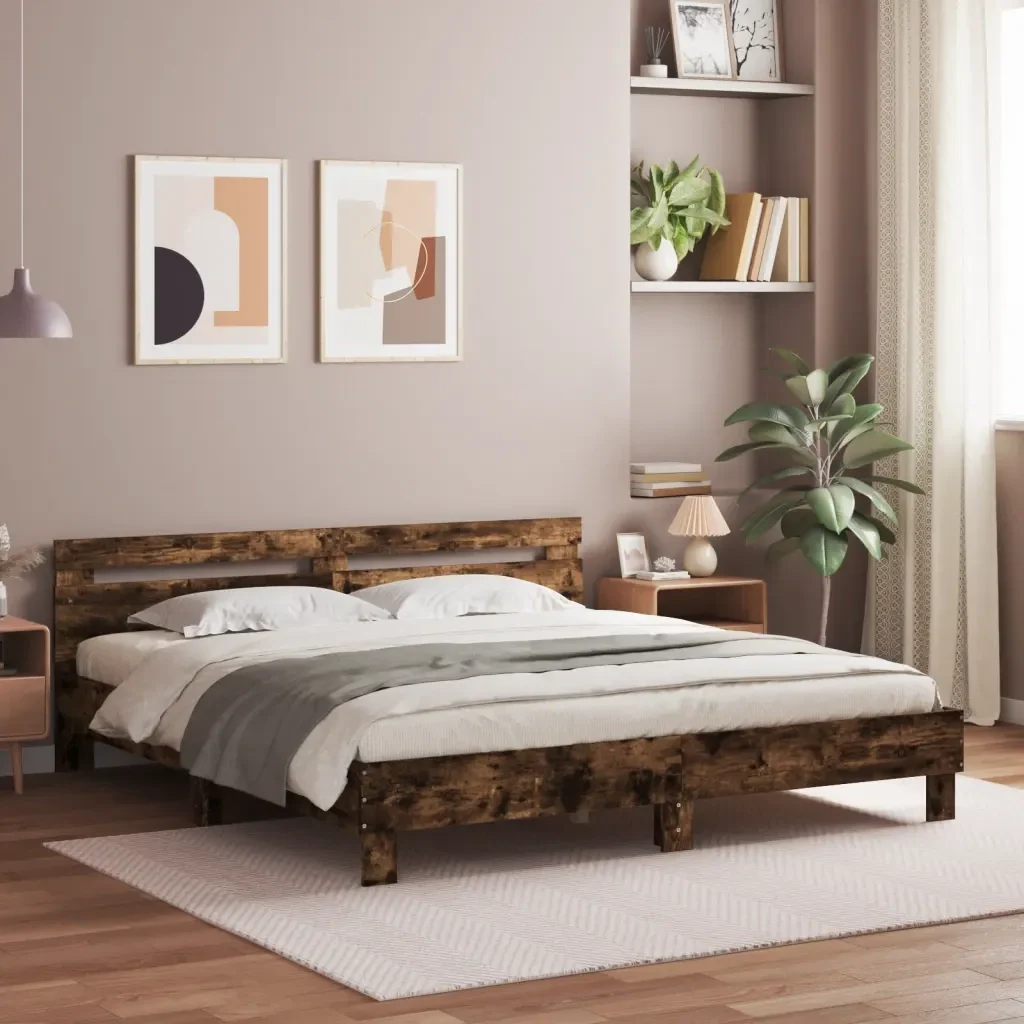 Letto matrimoniale | Letto per adulti | Giroletto con Testiera e LED Rovere Fumo 160x200 cm - Image 2