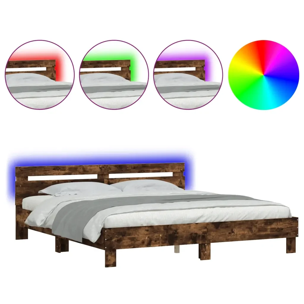 Letto matrimoniale | Letto per adulti | Giroletto con Testiera e LED Rovere Fumo 200x200 cm