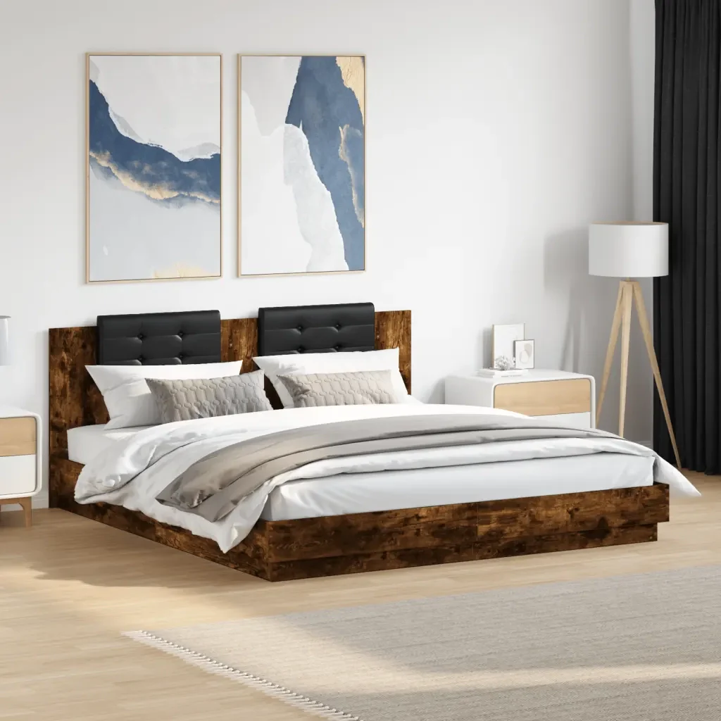 Letto matrimoniale | Letto per adulti | Giroletto con Testiera e LED Rovere Fumo 200x200 cm - Image 2