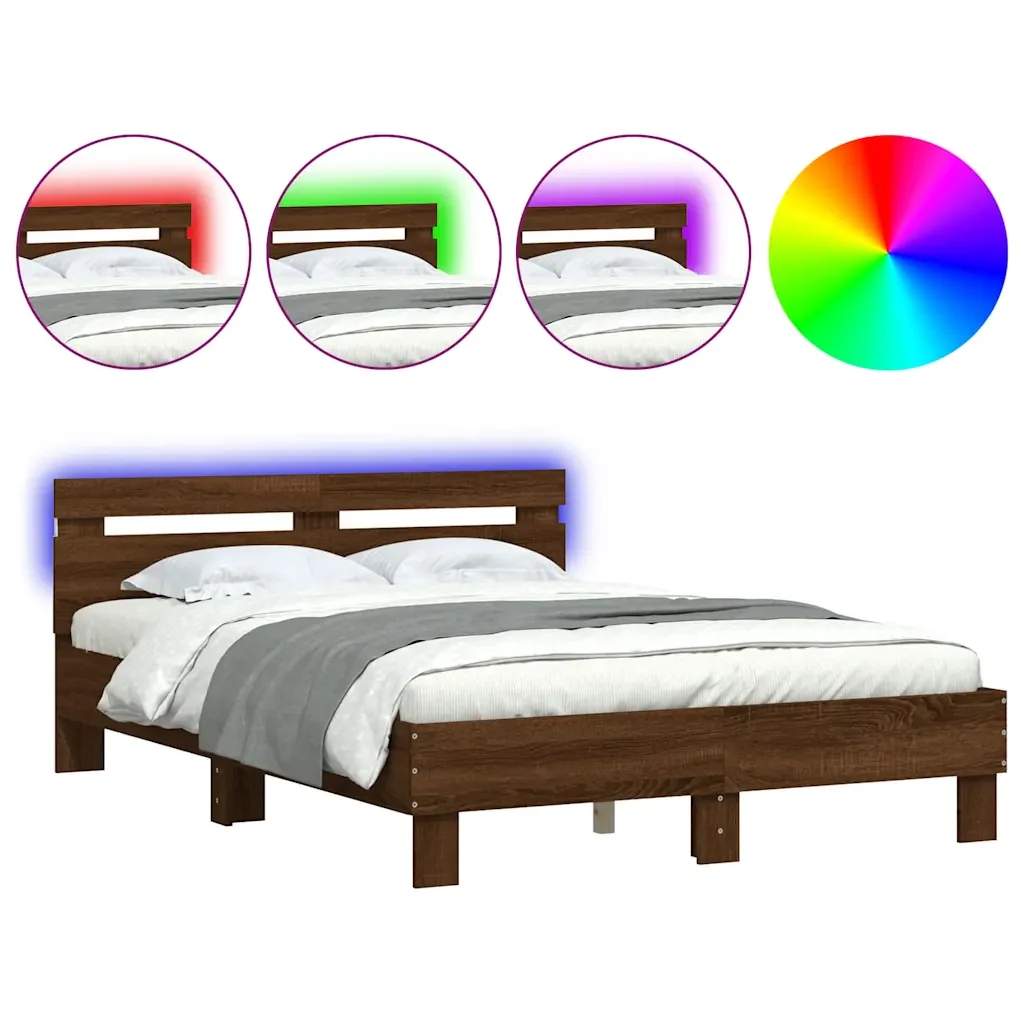 Letto matrimoniale | Letto per adulti | Giroletto con Testiera e LED Rovere Marrone 135x190 cm