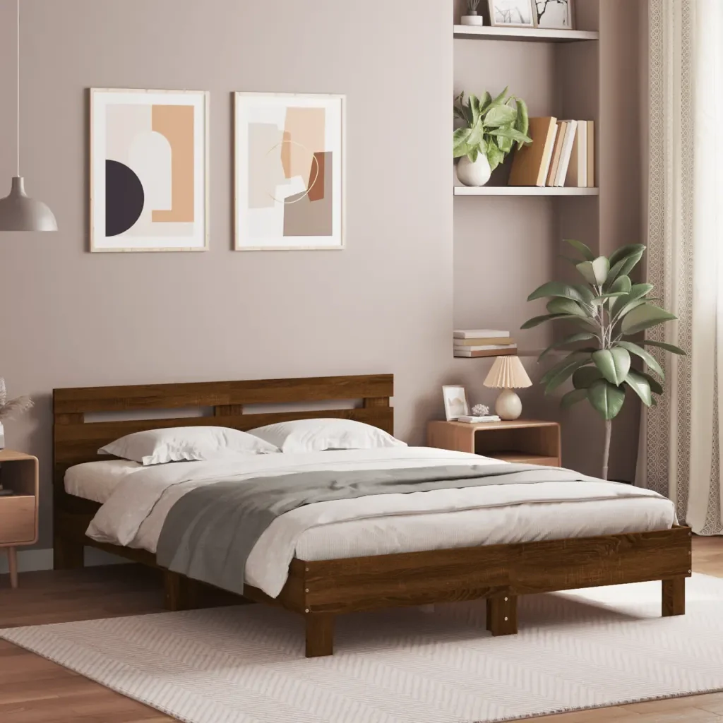 Letto matrimoniale | Letto per adulti | Giroletto con Testiera e LED Rovere Marrone 140x200 cm - Image 2