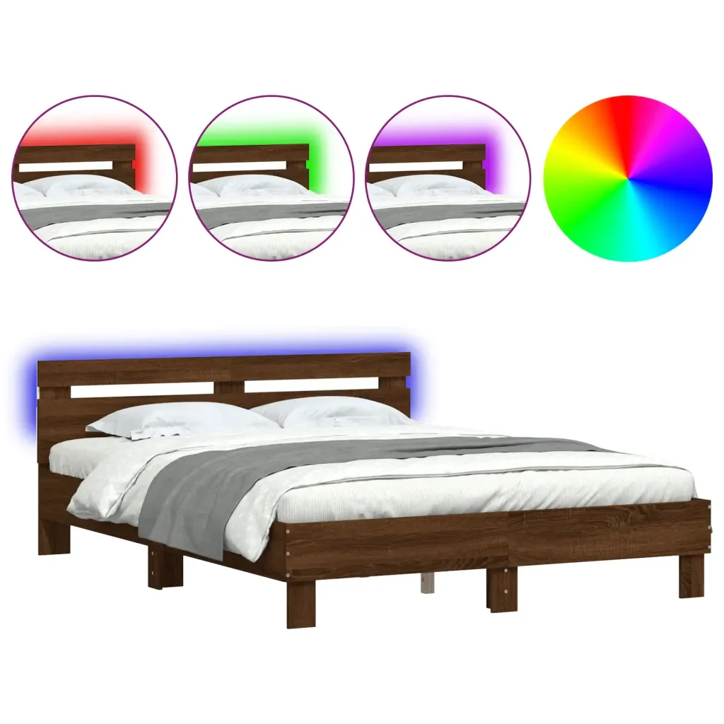 Letto matrimoniale | Letto per adulti | Giroletto con Testiera e LED Rovere Marrone 150x200 cm