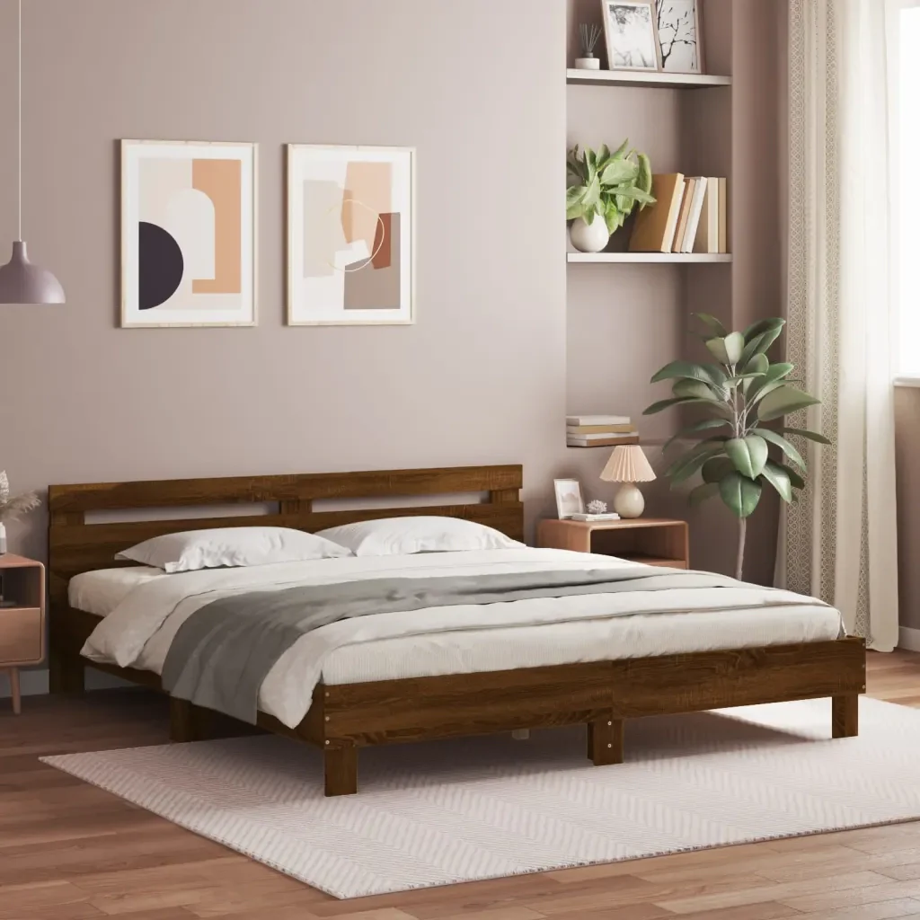 Letto matrimoniale | Letto per adulti | Giroletto con Testiera e LED Rovere Marrone 180x200 cm - Image 2