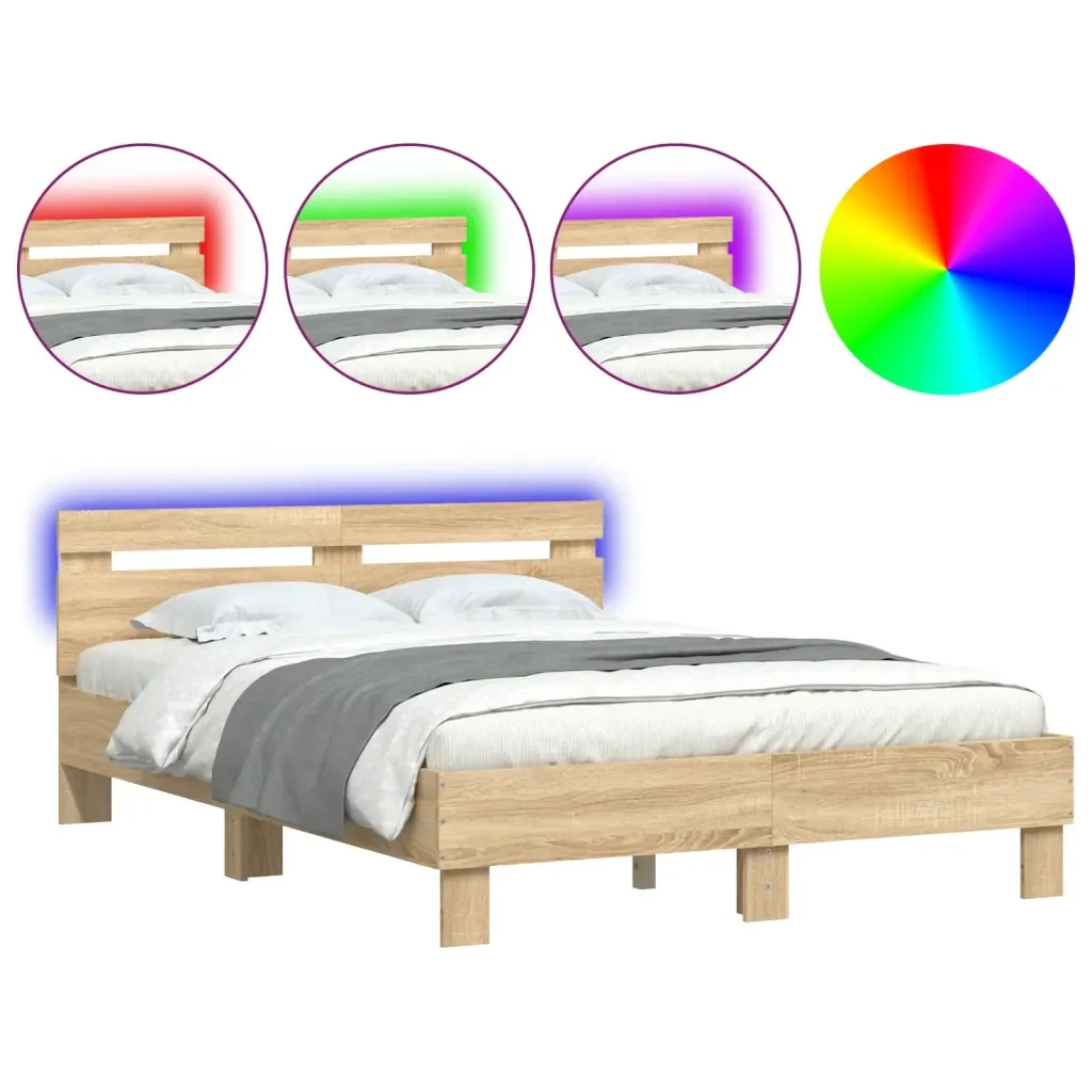 Letto matrimoniale | Letto per adulti | Giroletto con Testiera e LED Rovere Sonoma 120x200 cm
