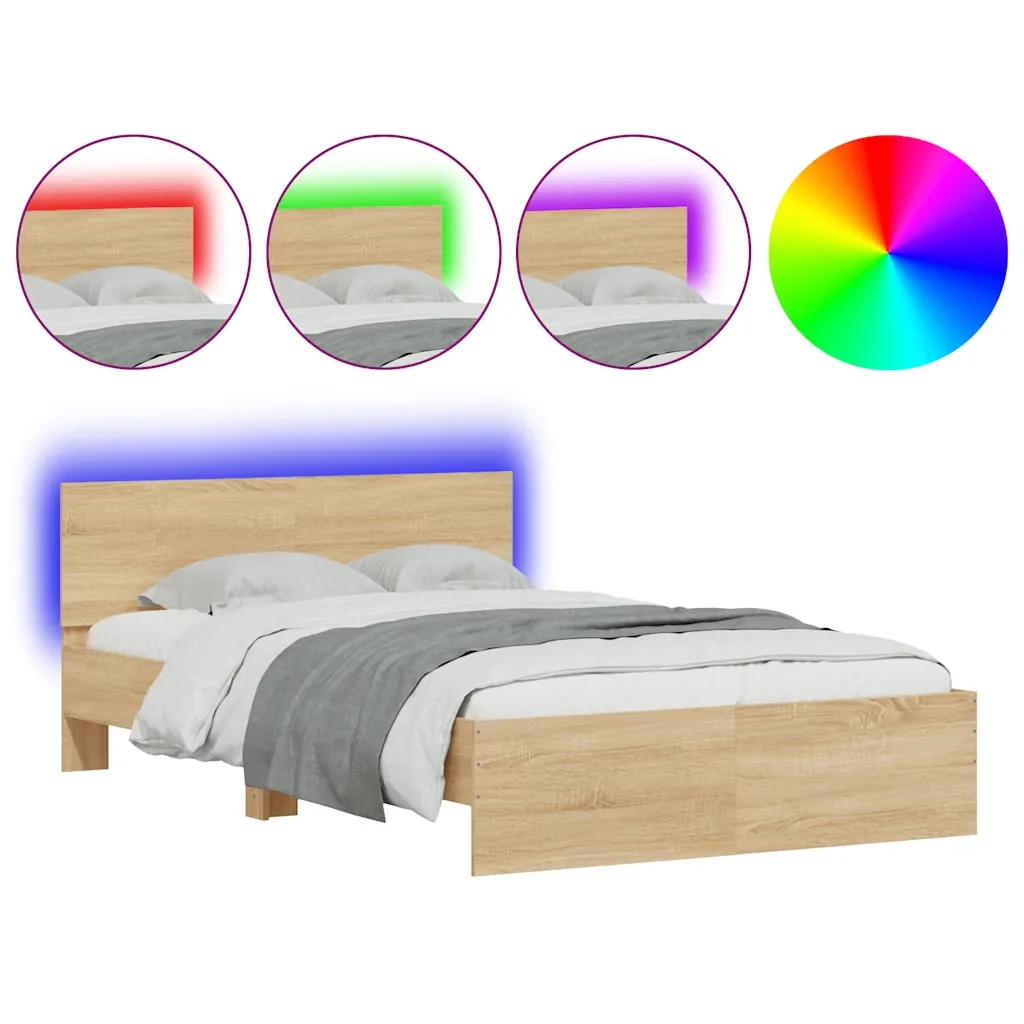 Letto matrimoniale | Letto per adulti | Giroletto con Testiera e LED Rovere Sonoma 135x190 cm