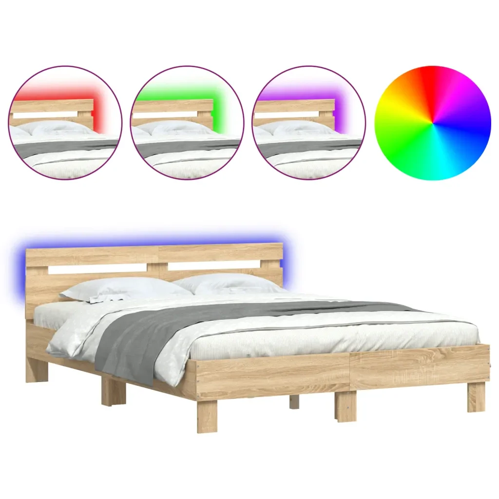 Letto matrimoniale | Letto per adulti | Giroletto con Testiera e LED Rovere Sonoma 140x200 cm