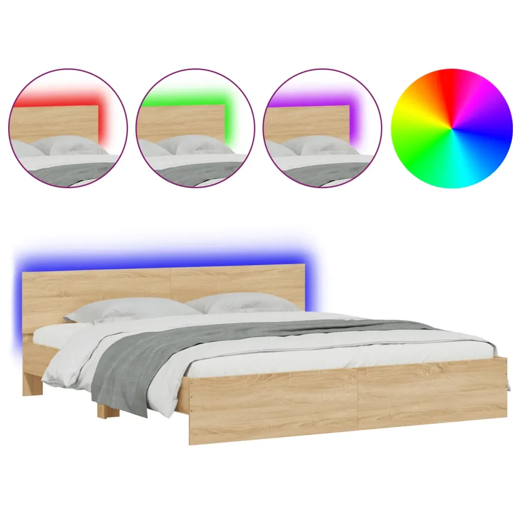 Letto matrimoniale | Letto per adulti | Giroletto con Testiera e LED Rovere Sonoma 200x200 cm