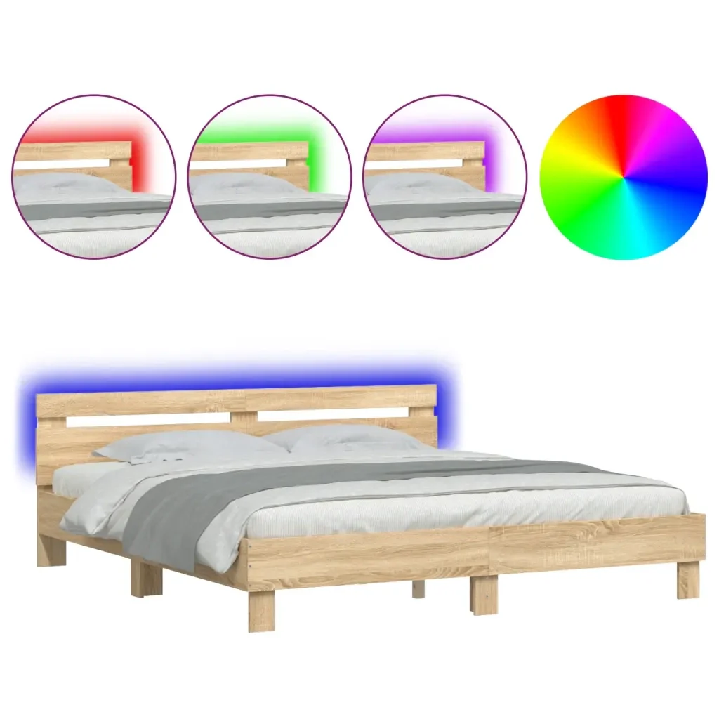 Letto matrimoniale | Letto per adulti | Giroletto con Testiera e LED Rovere Sonoma 200x200 cm