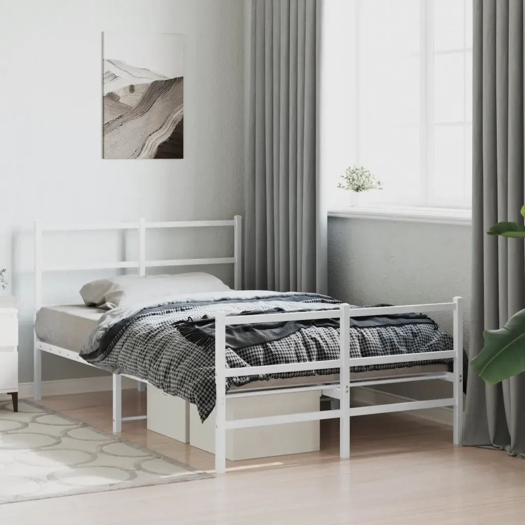 Letto matrimoniale | Letto per adulti | Giroletto con Testiera e Pediera Metallo Bianco 120x200 cm - Image 2