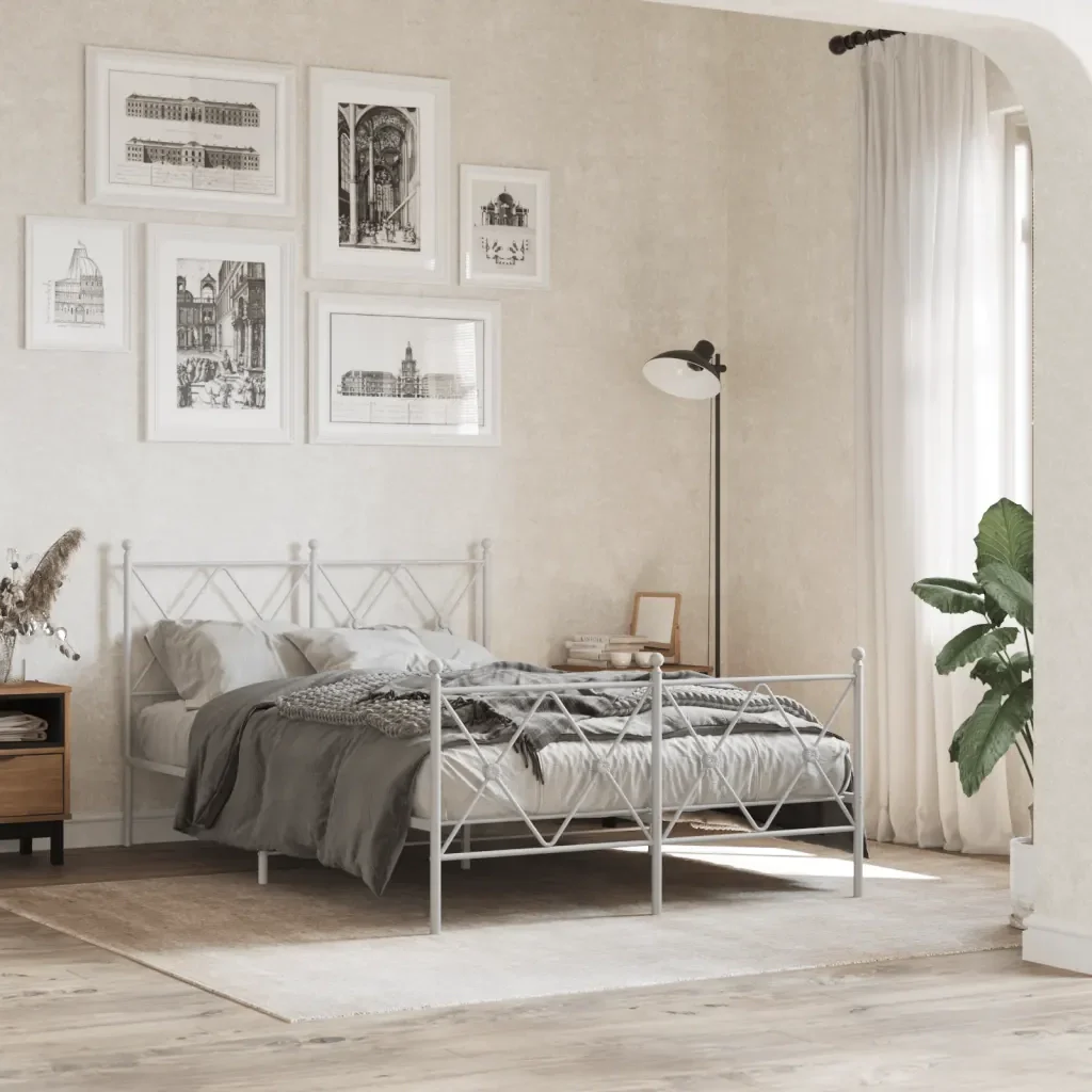 Letto matrimoniale | Letto per adulti | Giroletto con Testiera e Pediera Metallo Bianco 120x200 cm - Image 2