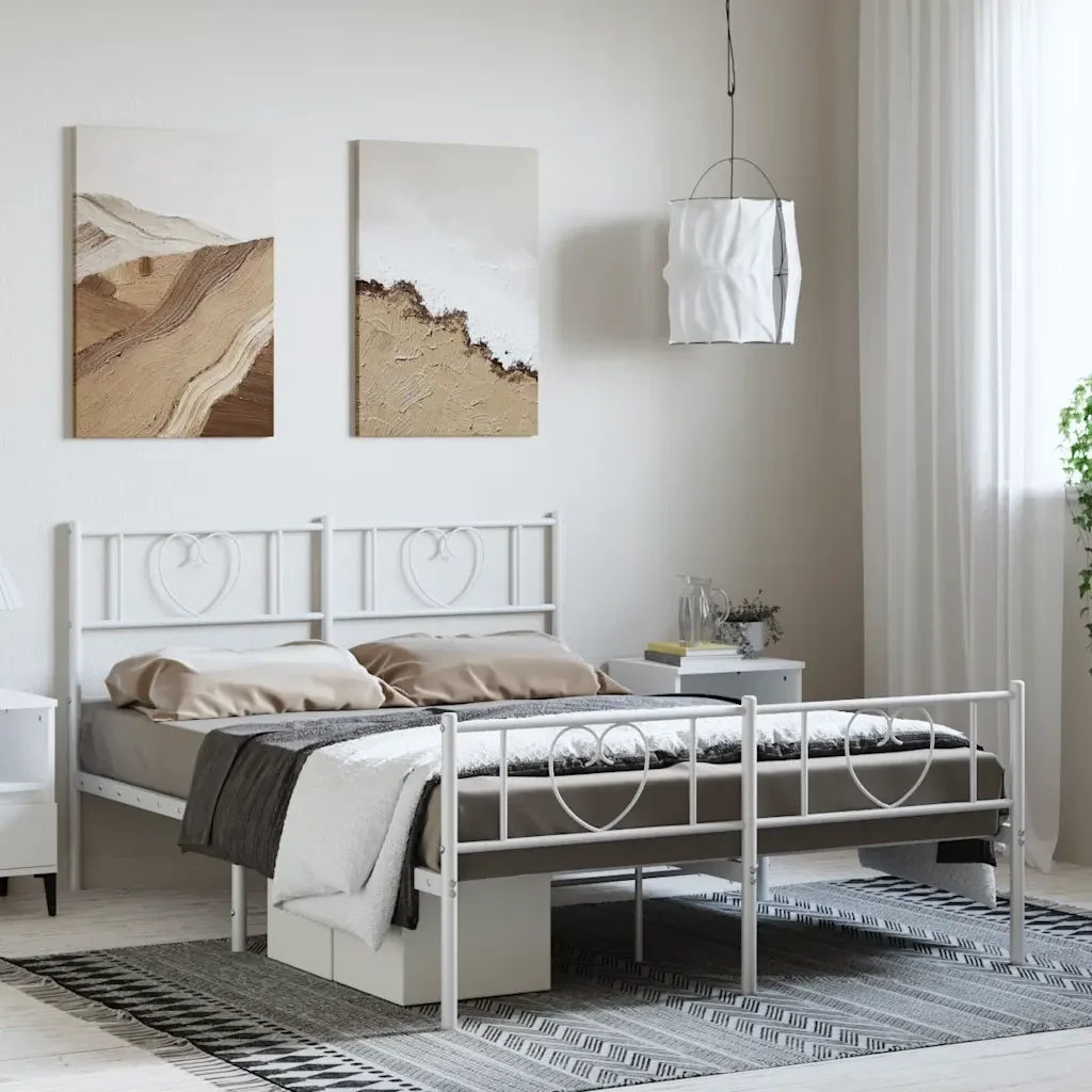 Letto matrimoniale | Letto per adulti | Giroletto con Testiera e Pediera Metallo Bianco 135x190 cm - Image 2