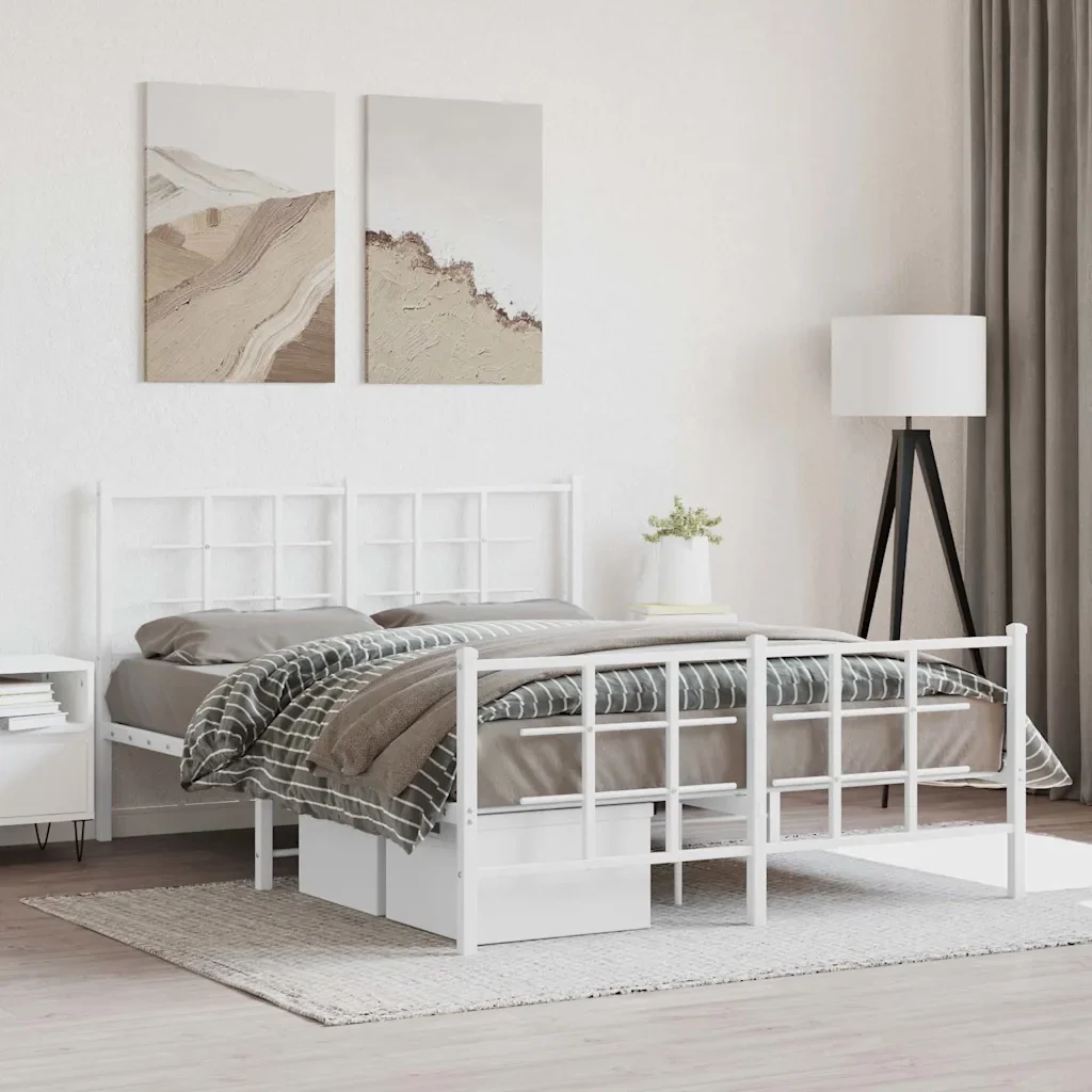 Letto matrimoniale | Letto per adulti | Giroletto con Testiera e Pediera Metallo Bianco 135x190 cm - Image 2