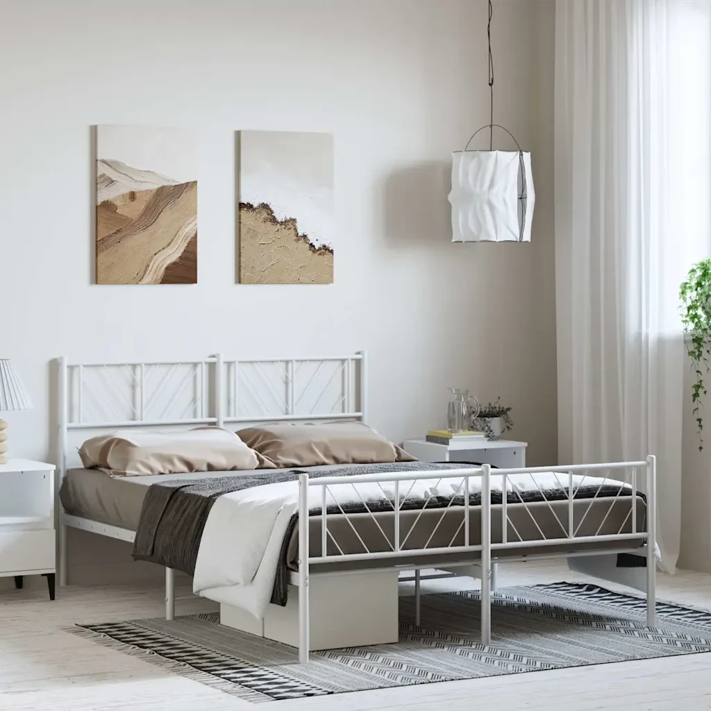 Letto matrimoniale | Letto per adulti | Giroletto con Testiera e Pediera Metallo Bianco 135x190 cm - Image 4