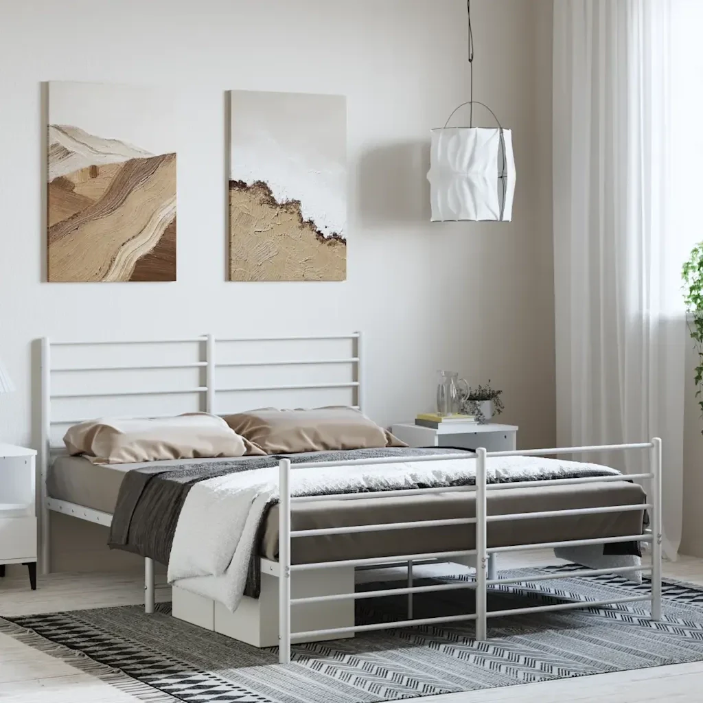 Letto matrimoniale | Letto per adulti | Giroletto con Testiera e Pediera Metallo Bianco 135x190 cm - Image 2