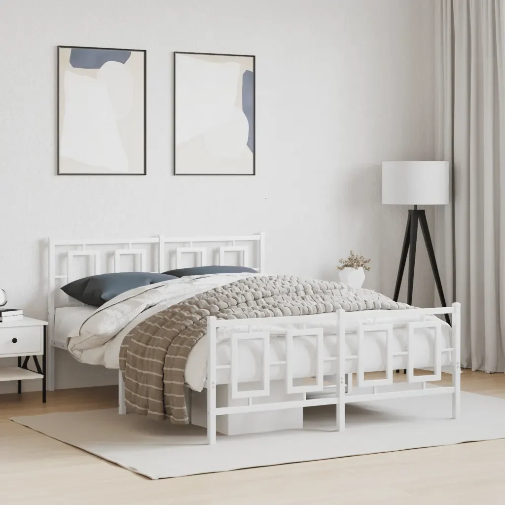 Letto matrimoniale | Letto per adulti | Giroletto con Testiera e Pediera Metallo Bianco 135x190 cm - Image 2