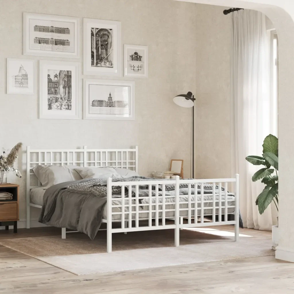 Letto matrimoniale | Letto per adulti | Giroletto con Testiera e Pediera Metallo Bianco 137x190 cm - Image 2