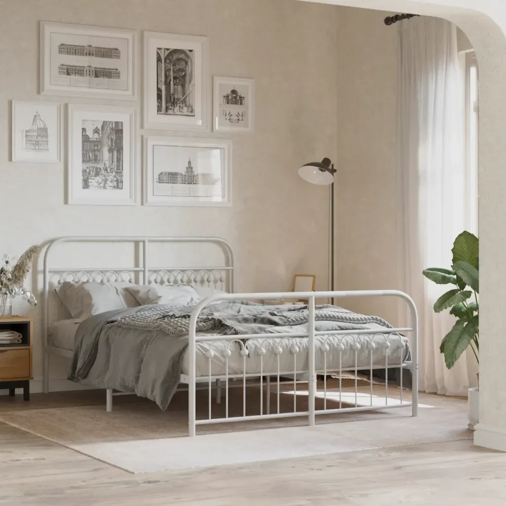 Letto matrimoniale | Letto per adulti | Giroletto con Testiera e Pediera Metallo Bianco 137x190 cm - Image 2