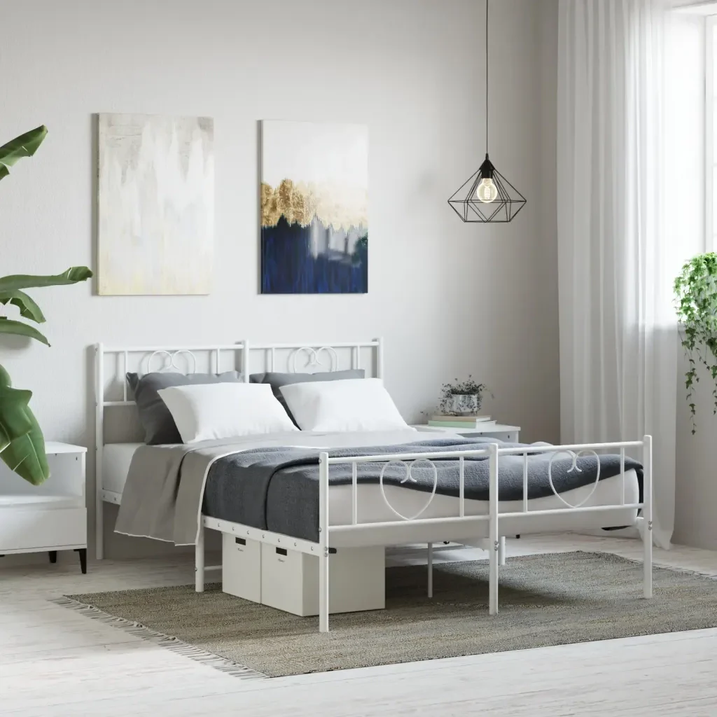 Letto matrimoniale | Letto per adulti | Giroletto con Testiera e Pediera Metallo Bianco 140x190 cm - Image 2