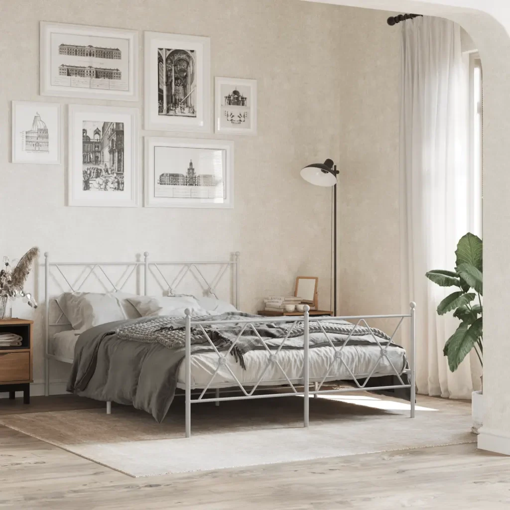 Letto matrimoniale | Letto per adulti | Giroletto con Testiera e Pediera Metallo Bianco 140x200 cm - Image 2