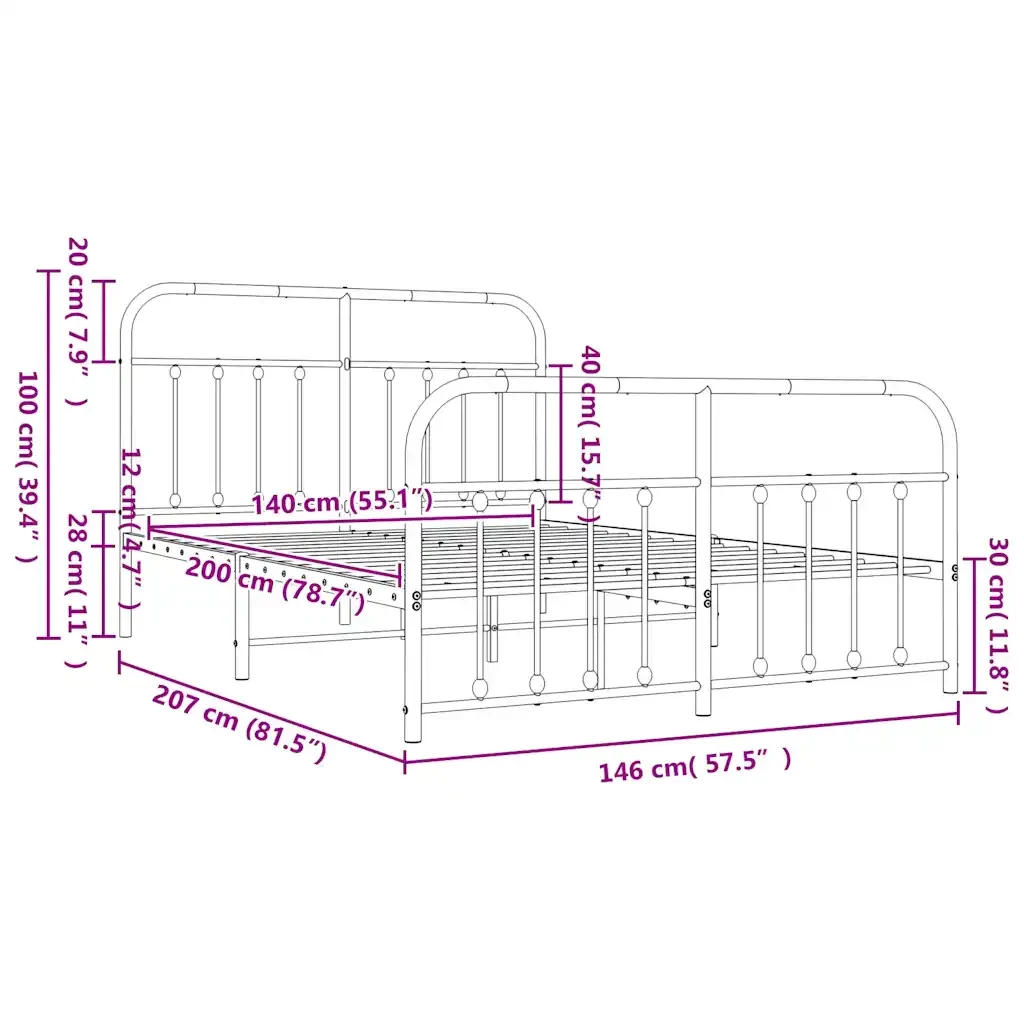 Letto matrimoniale | Letto per adulti | Giroletto con Testiera e Pediera Metallo Bianco 140x200 cm - Image 10