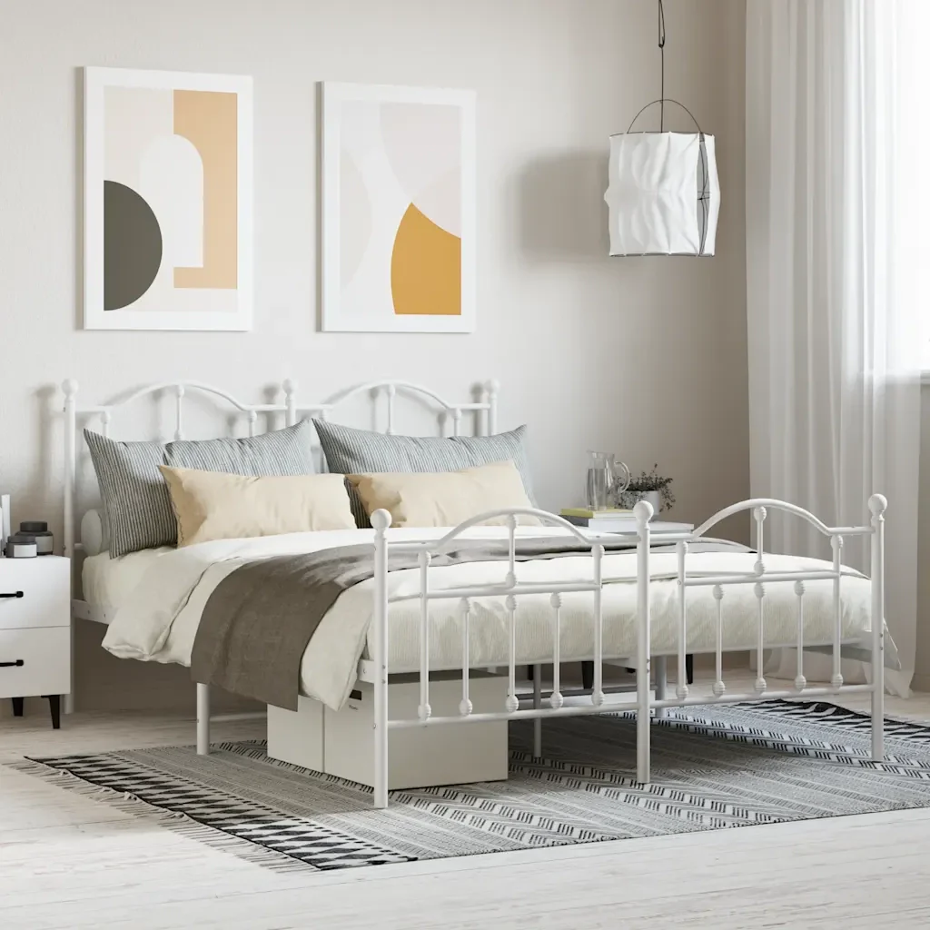 Letto matrimoniale | Letto per adulti | Giroletto con Testiera e Pediera Metallo Bianco 140x200 cm - Image 2