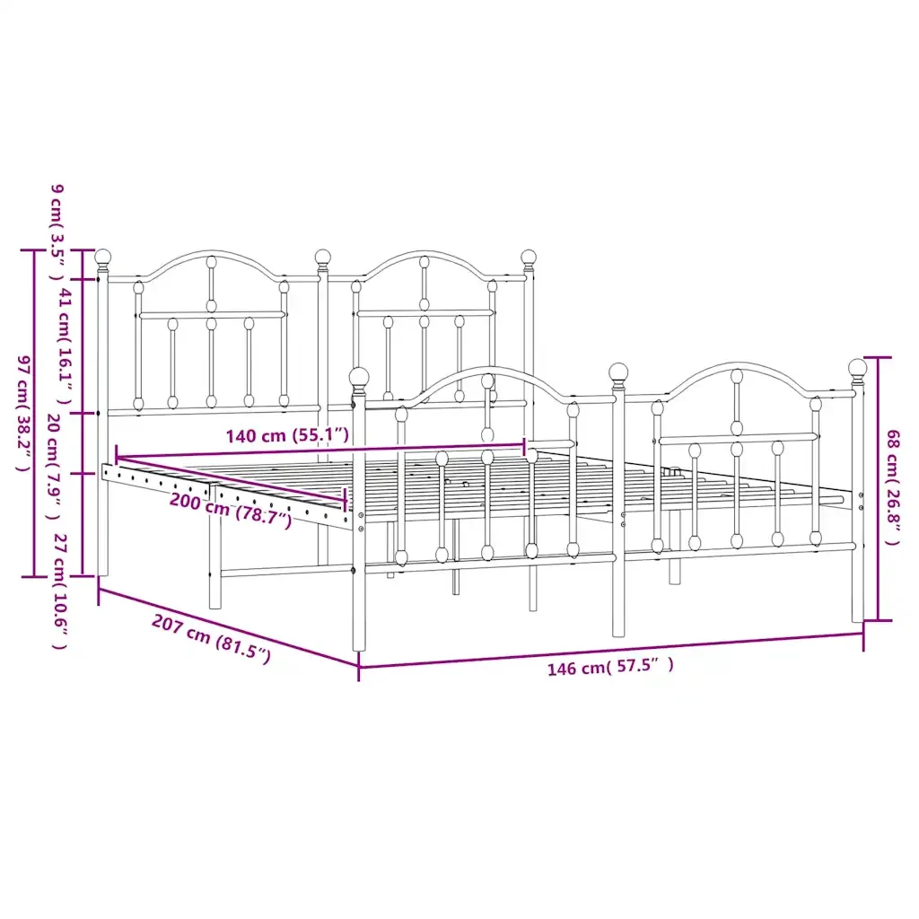 Letto matrimoniale | Letto per adulti | Giroletto con Testiera e Pediera Metallo Bianco 140x200 cm - Image 9