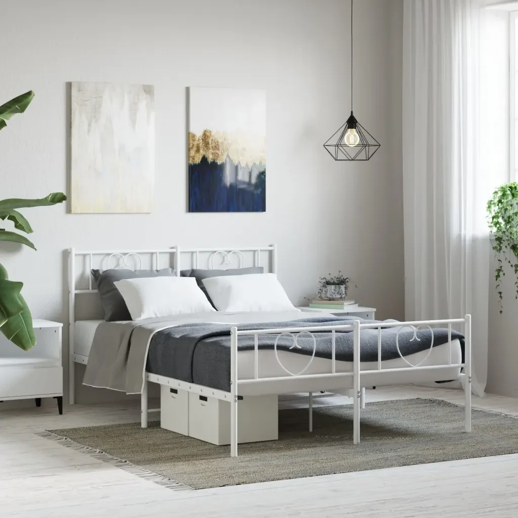 Letto matrimoniale | Letto per adulti | Giroletto con Testiera e Pediera Metallo Bianco 140x200 cm - Image 2