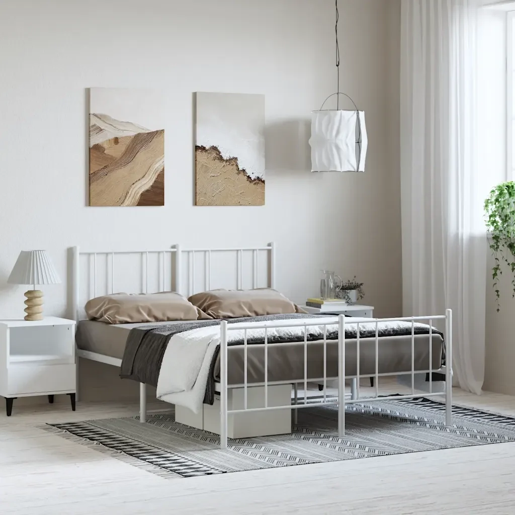 Letto matrimoniale | Letto per adulti | Giroletto con Testiera e Pediera Metallo Bianco 150x200 cm - Image 2